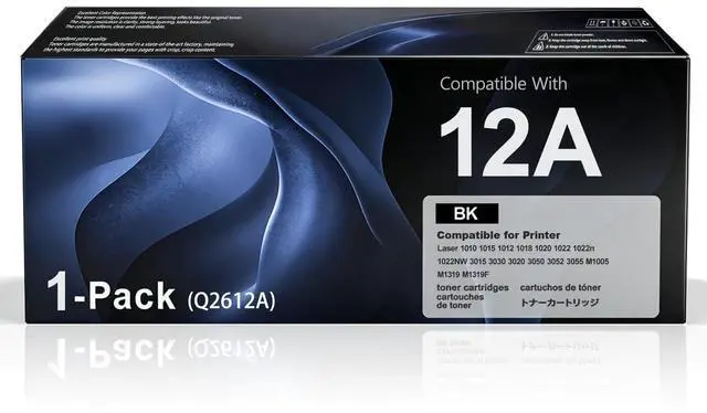 Main image of Q2612A 12A Black Toner Cartridge 1-Pack Replacement for HP 12X Q2612X 12A Q2612A Work for Laser 1012 1022 1020 1018 1022N 1010 3015 3050 3030 3052 3055 M1319F Series Printer, Q2612 12X 12A