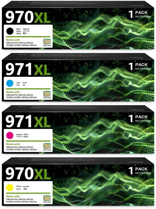 Main image of 970XL 971XL Ink Cartridges Compatible 970 971 970XL 971XL High Capacity Ink Replacement for HP Officejet Pro X476dw X576dw X451dw X551dw X451dn X476dn Printer Ink (4 Packs, BK/C/M/Y)