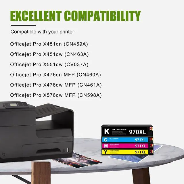 Alt view image 2 of 6 - 970XL 971XL Ink Cartridges Compatible 970 971 970XL 971XL High Capacity Ink Replacement for HP Officejet Pro X476dw X576dw X451dw X551dw X451dn X476dn Printer Ink (4 Packs, BK/C/M/Y)