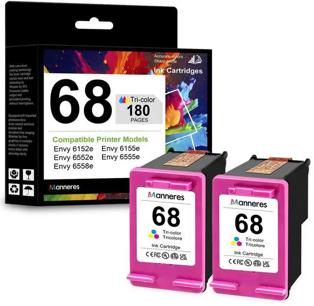 Main image of 68 Tri-Color Ink Cartridges 2-Pack - Replacement for HP 68XL 68 Ink for Envy 6555e 6155e 6152e 6552e 6558e Printers High Yield Ink