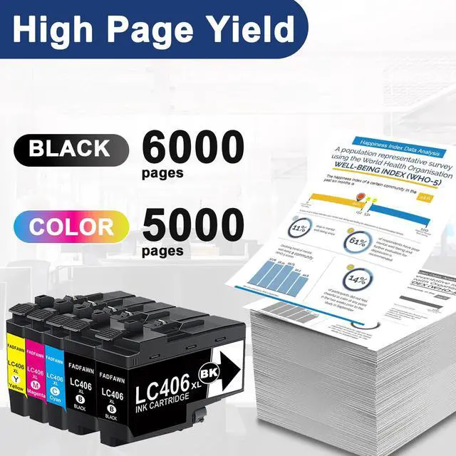 Alt view image 3 of 7 - LC406XL Ink Cartridges 5-Pack (2BK/C/M/Y) Replacement for LC406XL High Yield Ink Cartridges for use with MFC-J4535DW MFC-J4335DW MFC-J5855DW MFC-J6555DW Printers