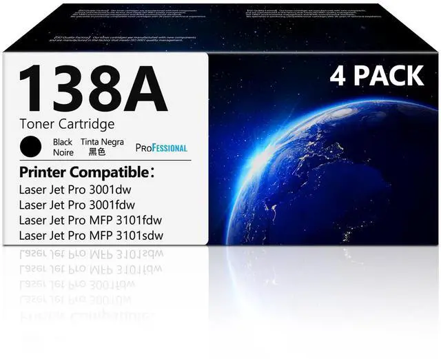 Main image of 138A Black Toner Cartridges 4 Pack with Latest Chip Replacement for HP 138A W1380A 138X W1380X Black Toner Compatible with HP Laser Jet Pro 3001dw 3001fdw MFP 3101fdw 3101sdw Printer 138A (4 Black)