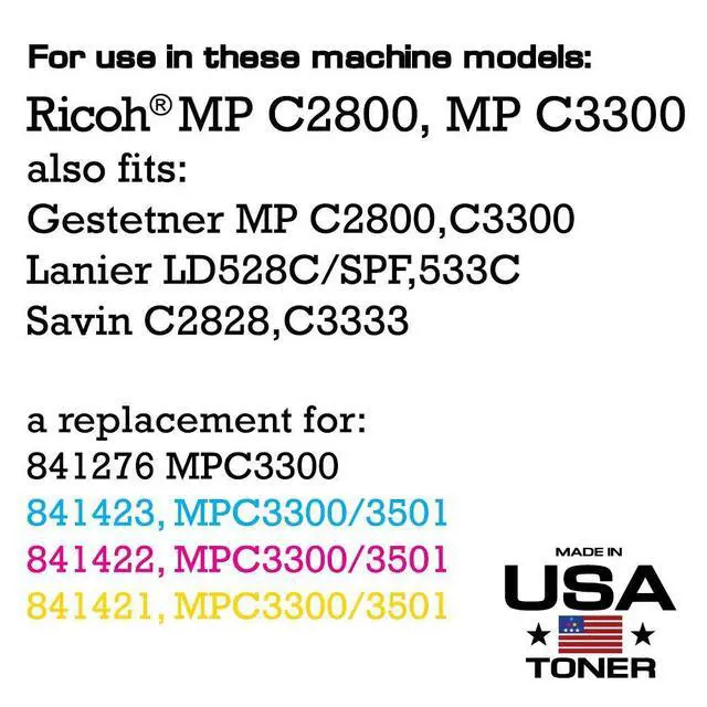 Alt view image 2 of 7 - Compatible Replacement for Ricoh Aficio MP C2800, MP C3300, Replacement for 841276 841423 841422 841421 (Black, Cyan, Yellow, Magenta, 4 Pack)