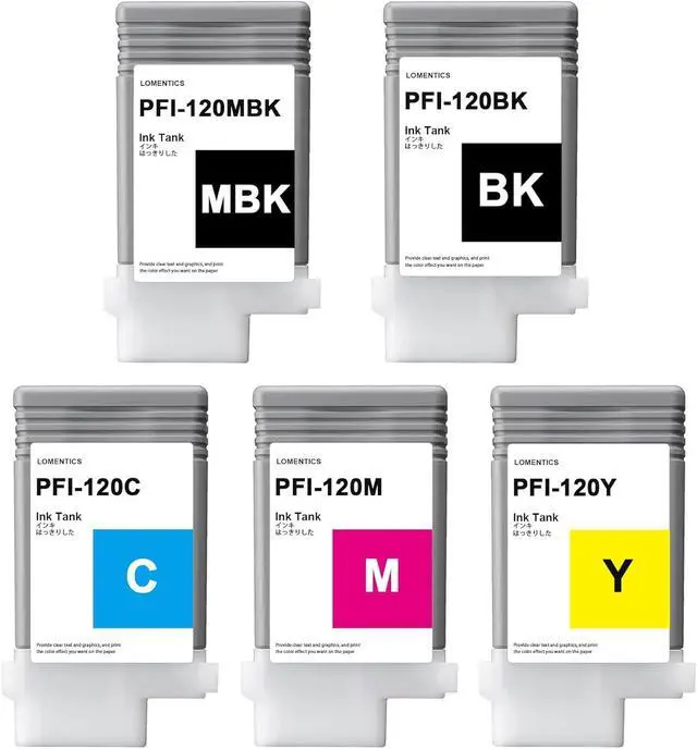 Alt view image 2 of 7 - PFI120 130-ml Ink Tank (5-Pack, Matte Black, Cyan, Magenta, Yellow, Black) Lometic Compatible PFI120MBK PFI120BK PFI120C PFI120M PFI120Y Replacement for Canon TM-205 TM-300 TM-305 Printer
