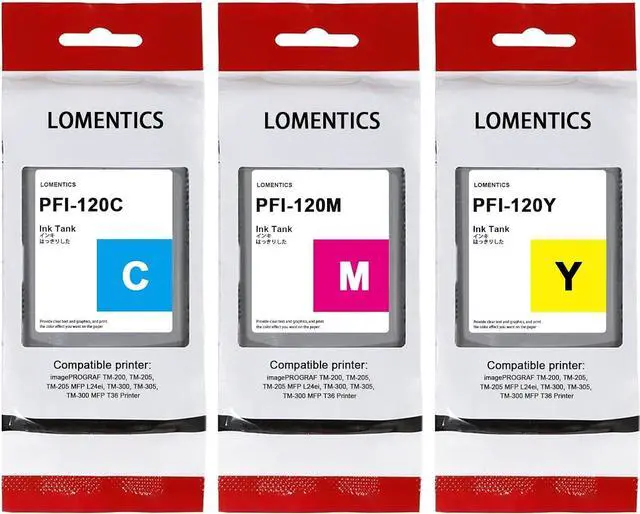 Main image of PFI120 130-ml Ink Tank (3-Pack, Cyan, Magenta, Yellow) Lometic Compatible PFI120C PFI120M PFI120Y Replacement for Canon TM-205 TM-300 TM-305 Printer