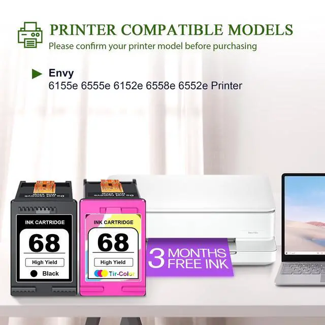 Alt view image 2 of 7 - 68 Ink Black & 68 Tri-Color Ink Replacement for HP 68 XL Ink Cartridges Work Envy 6152e 6155e 6552e 6555e 6558e Printers (2-Pack)