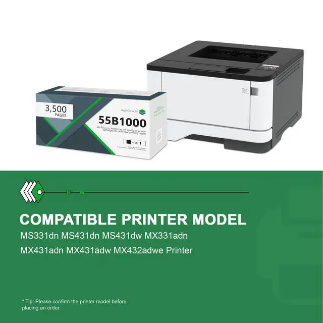 Alt view image 2 of 6 - 55B1000 Black Toner Cartridge 55B1000 High Yield Toner Cartridge Replacement for Lexmark MS331dn MS431dn MS431dw MX331adn MX431adn MX431adw Printer (1-Pack, 3500 Pages)