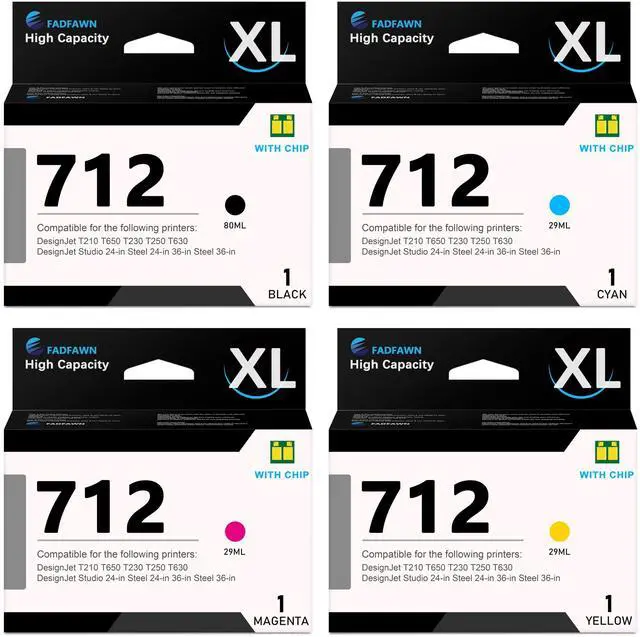 Main image of 712XL 712 Ink Cartridge Bundle 4 Pack (80ML/Black, 29ML/Cyan Magenta Yellow): 712 High Capacity Ink Cartridges Replacement for HP DesignJet T650 T630 T230 T210 Printers