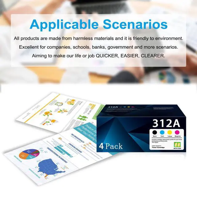 Alt view image 6 of 6 - 312A Toner Cartridge (with Chip) Replacement for HP 312A CF380A CF381A CF382A CF383A Work with Color Pro MFP M476 Series (1B/1C/1Y/1M, 4-Pack)
