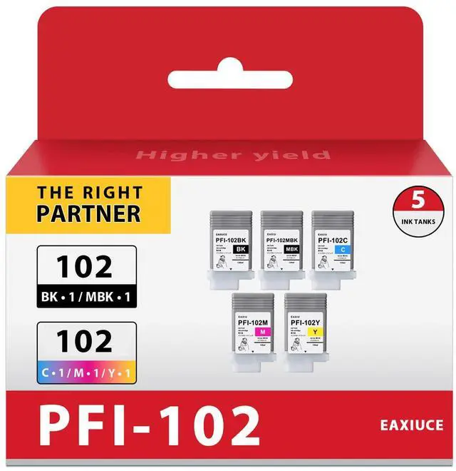 Main image of PFI-102 5-Color Ink Tank (5PK, Matte Black/Black/Cyan/Magenta/Yellow) - Eaxi Compatible PFI-102MBK PFI-102BK PFI-102C PFI-102M PFI-102Y Replacement for Canon IPF500 IPF600 IPF605 IPF700 IPF710 Printer