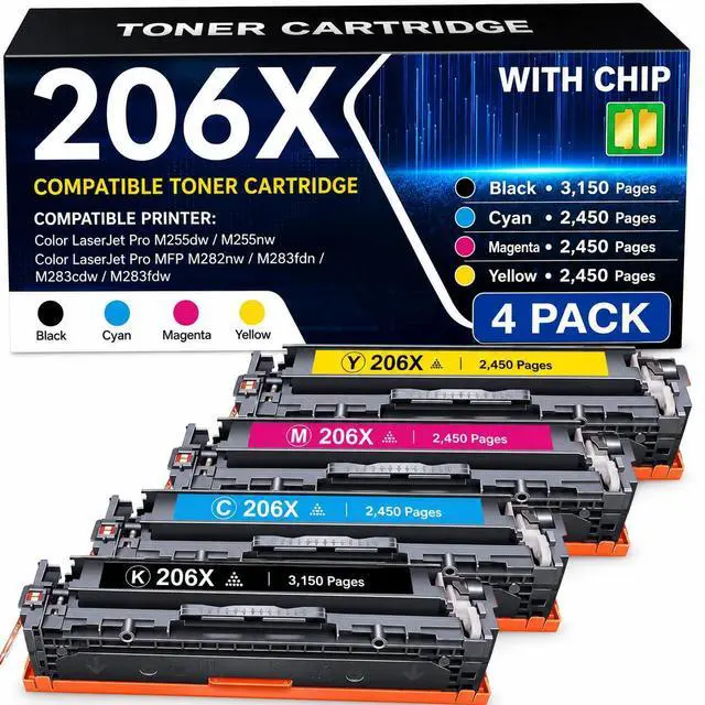 Main image of 206X Toner Cartridges 4 Pack High Yield (with Chip) Compatible for HP 206X W2110X HP 206A Toner for Color LaserJet MFP M283fdw M283cdw M283 Pro M255dw M255 Printer Ink (Black Cyan Yellow Magenta)