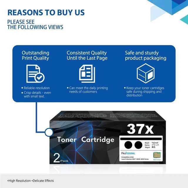 Alt view image 6 of 7 - 37X Toner Cartridge CF237X High Yield 2-Pack: Works with Laser Enterprise M607, M608, M609 Series; MFP M631, M632, M633 Series Printer Replacement for 37X Black Toner Cartridge 37A 37Y (with Chip)