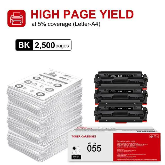 Alt view image 3 of 6 - 3 Pack 055 3016C001 Black Toner Cartridge: Compatible CRG-055 Replacement for Canon i-SENSYS LBP660 MF740 Series ImageClass LBP660C LBP664Cdw LBP664Cx MF740C MF741Cdw MF743Cdw MF740 Series Printer