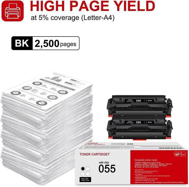 Alt view image 3 of 6 - 2 Pack 055 3016C001 Black Toner Cartridge: Compatible CRG-055 Replacement for Canon i-SENSYS LBP660 MF740 Series ImageClass LBP660C LBP664Cdw LBP664Cx MF740C MF741Cdw MF743Cdw MF746Cdw Series Printer