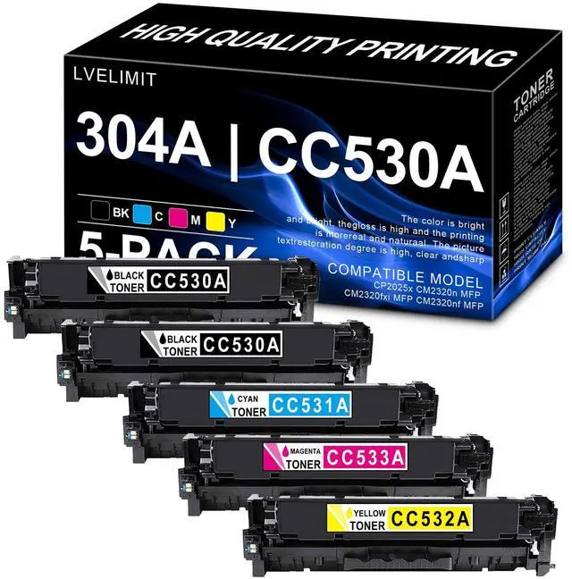 Main image of 304A 2Black, Cyan, Magenta, Yellow Toner Cartridge(5-Pack) | Replacement for HP 304A 304X CC530A Toner | Works with Color CM2320 MFP, Color CP2025 Series | CC530A CC531A CC532A CC533A Toner