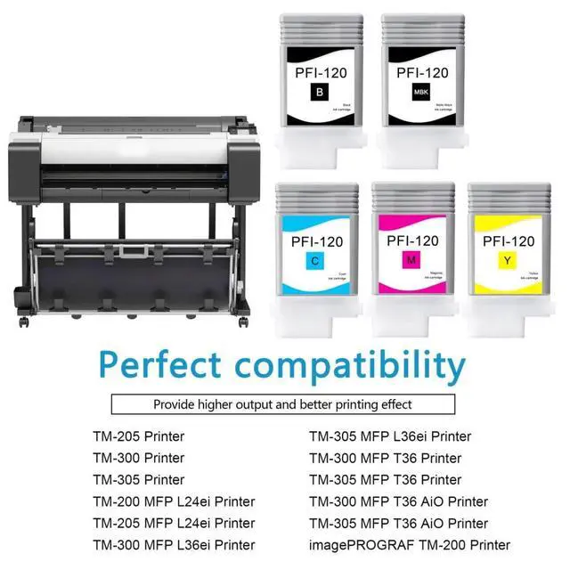 Alt view image 2 of 6 - PFI-120 Ink Cartridges Set (5 Pack Black/Matte Black/Cyan/Magenta/Yellow) - VASRINK Compatible PFI-120BK PFI-120MBK PFI-120C PFI-120M PFI-120Y Ink Replacement for Canon TM-205 300 305 200 Printer