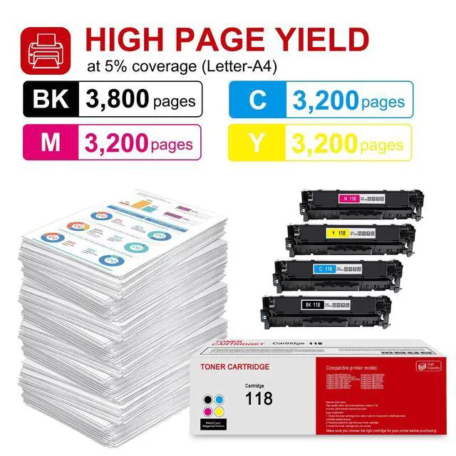 Alt view image 3 of 6 - 4 Pack 118 BK/C/M/Y Remanufactured Toner Cartridge: Compatible CRG 118 BK/C/M/Y Replacement for Canon Color imageCLASS MF8380Cdw LBP7210Cdn LBP7600C MF8580CDW MF726CDW Printer