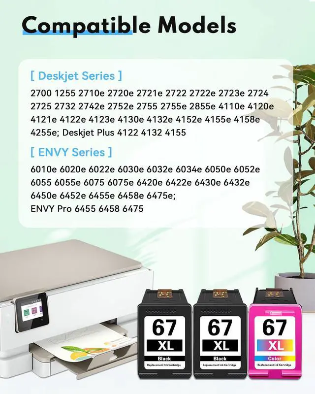Alt view image 2 of 7 - 67XL Ink Cartridge Black Color Combo Pack (3-Pack, 2Black/1Tricolor) Replacement for HP 67 67XL Ink Cartridge for Envy 6000e 6400e 6455e 6458e Deskjet 4255e 2855e 2723e 2734e 4100 Printer