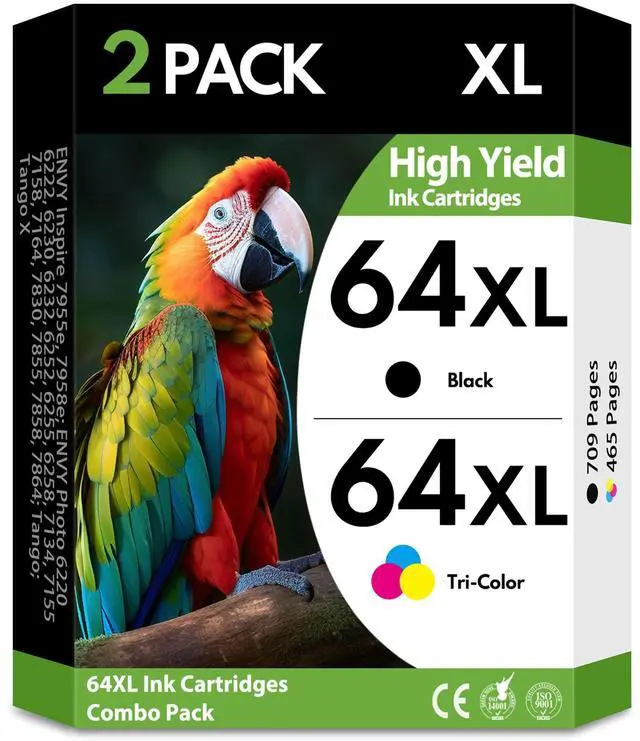 Main image of 64XL Black and Tri-Color Ink Cartridges 2 Pack High Yield Replacement for HP 64 64XL, Compatible with HP Envy Photo 7855 7858 7155 7158 7900 7800 6255 6258 and Tango X Terra Printers