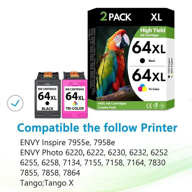 Alt view image 2 of 7 - 64XL Black and Tri-Color Ink Cartridges 2 Pack High Yield Replacement for HP 64 64XL, Compatible with HP Envy Photo 7855 7858 7155 7158 7900 7800 6255 6258 and Tango X Terra Printers