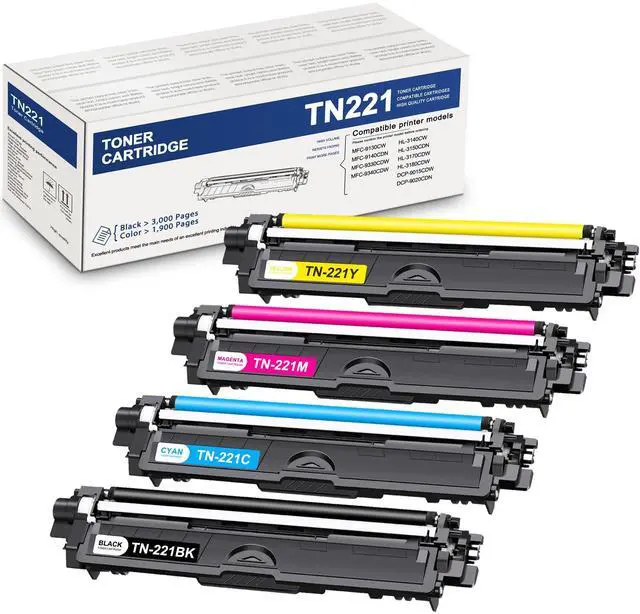 Main image of TN221BK, TN221C, TN221M, TN221Y 4-Color Toner Cartridge Set, 4 Pack TN221 Black Cyan Magenta Yellow Replacement for Brother TN-221 TN-225 Toner Cartridge High Yield (TN221 / TN225)