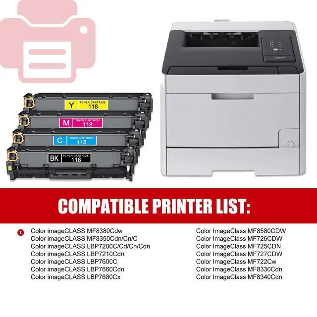 Alt view image 2 of 6 - 4 Pack 118 2662B001 2661B001 2660B001 2659B001 BK/C/M/Y Toner Cartridge with Chip CRG-118 Compatible Replacement for Canon ImageClass MF8380Cdw MF722Cw MF727CDW MF722Cw LBP7200C LBP7600C Printer