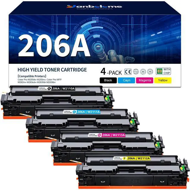 Main image of 206A Black Cyan Magenta Yellow Toner Cartridges 4 Pack Set Replacement for HP 206A Toner Color Laserjet Pro MFP M283fdw M283cdw M283fdn M282nw M255dw M255nw M255dn Printer W2110A W2111A W2112A W2113A