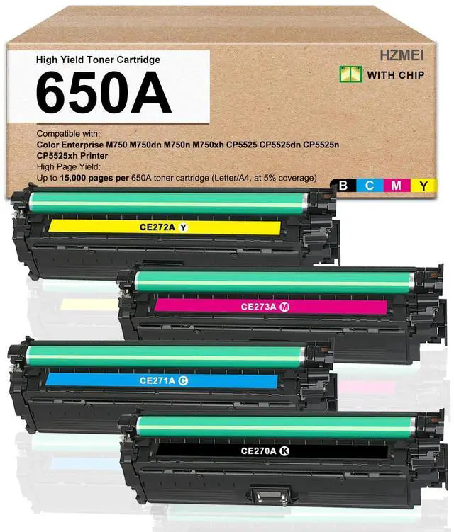 Main image of 650A Toner Cartridge Replacement for HP Color Enterprise M750 M750dn M750n M750xh CP5525 CP5525dn CP5525n CP5525xh Printer, CE270A CE271A CE272A CE273A with New Chip 4-Pack