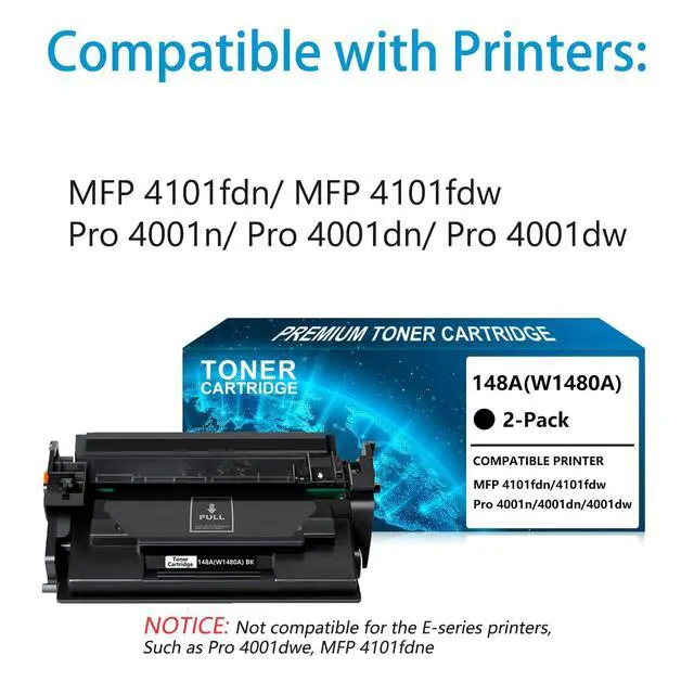 Alt view image 2 of 7 - 148A Toner Cartridge Black 2-Pack (with Chip) Compatible Replacement for HP 148A W1480A 148X W1480X for Pro 4001dw 4001dn 4001n, MFP 4101fdw 4101fdn Printer Ink