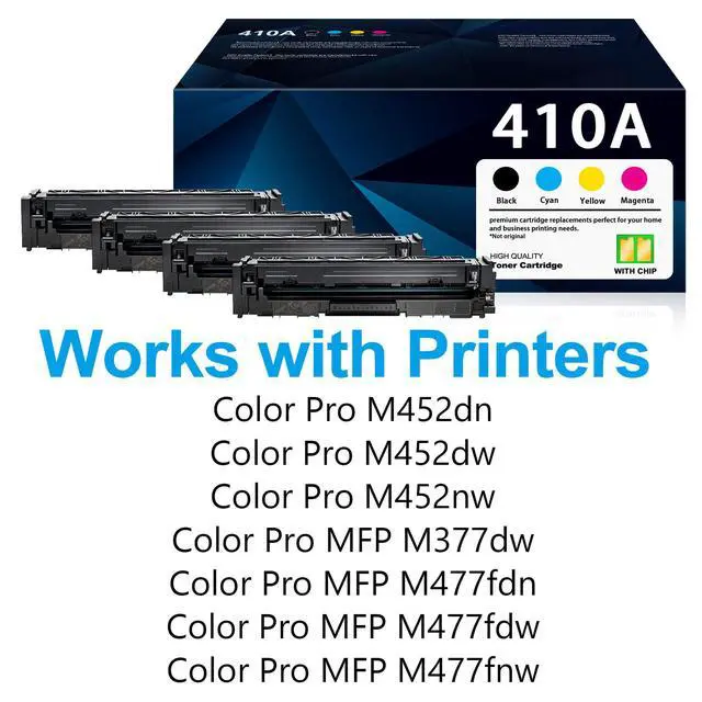 Alt view image 2 of 6 - 410A Toner Cartridges 4 Pack MFP M477fnw M477fdw M477fdn M452dn M452nw | Compatible with HP 410A Color LaserJet Pro M477fnw M452dn M452dw M377dw M477 M452 M377 Printer CF410A CF411A CF412A CF413A