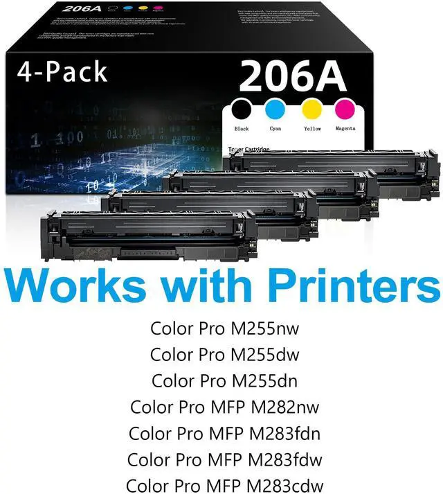 Alt view image 2 of 6 - 206A Toner Cartridges 4 Pack - (with Chip) Replacement for HP 206A Color Pro MFP M283fdw M283cdw M283fdn M282nw Pro M255dw M255dn M255nw Printer Ink 206A
