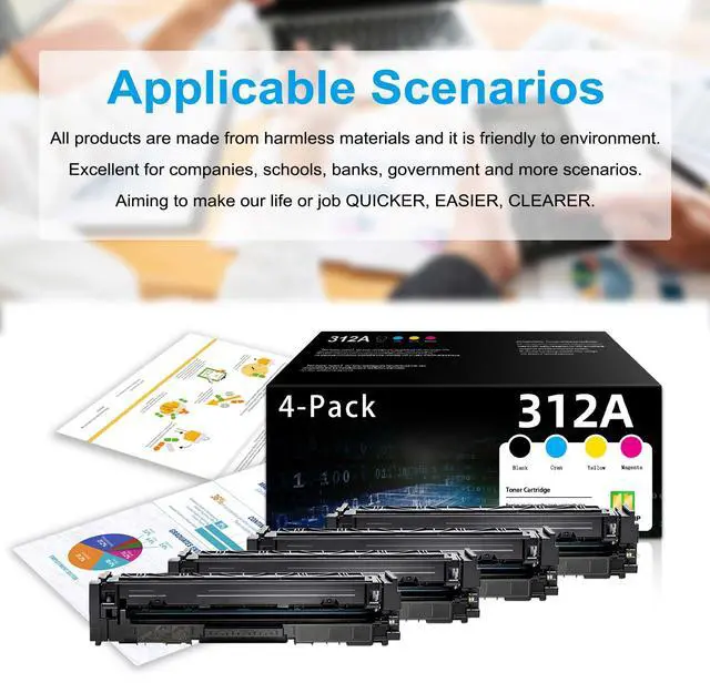 Alt view image 6 of 6 - 312A Toner - 4 Pack (with Chip) Replacement for HP 312A Toner Cartridges for Color Pro MFP M476dw M476dn M476nw Printer Ink 312A | Black, Cyan, Magenta, Yellow