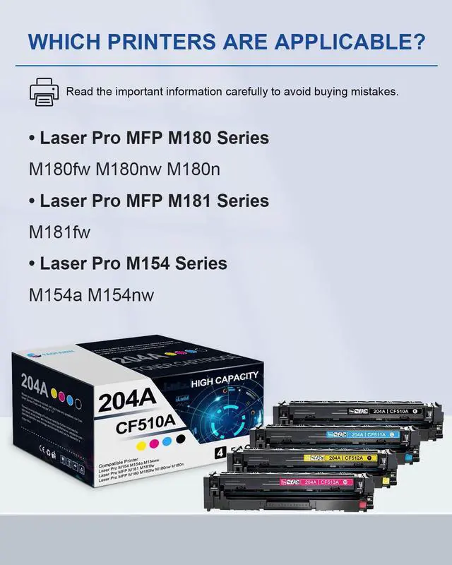 Alt view image 2 of 6 - 204A Toner Cartridges 4 Pack(BK/C/M/Y): Compatible CF510A CF511A CF512A CF513A Toner Replacement for HP 204A M180 M180nw M180n M181 M181fw M180fw M154 M154nw M154a Printer