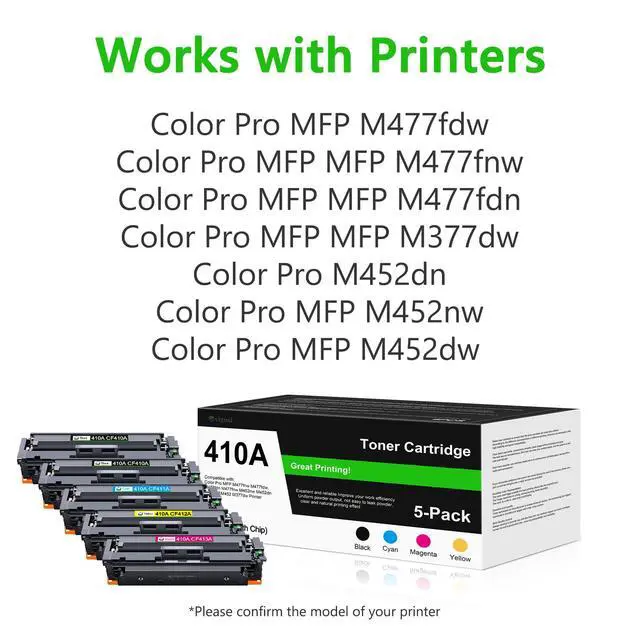 Alt view image 2 of 7 - 410A Toner Cartridges 5 Pack High Yield Replacement for HP 410A 410X to Use with HP Color Pro MFP M477fnw M477fdw M477fdn M452dn M452dw M452nw Printer (with Chip -B/C/Y/M)