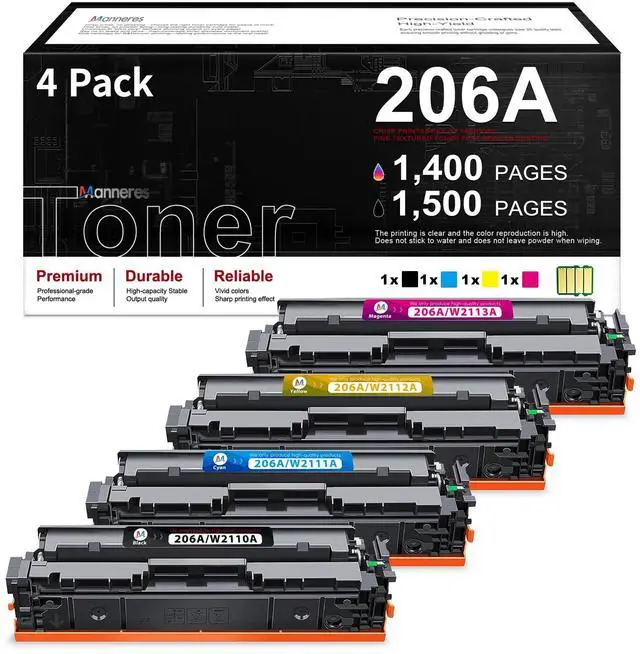 Main image of 206A Toner Cartridge 4 Pack with Chip Replacement for HP 206A W2110A Works for Pro M255dw M255nw MFP M282nw M283 Series Printers Black Cyan Yellow Magenta