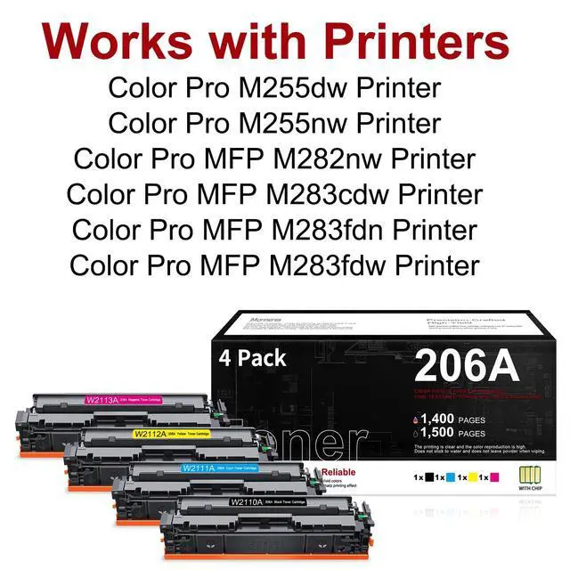 Alt view image 2 of 7 - 206A Toner Cartridge 4 Pack with Chip Replacement for HP 206A W2110A Works for Pro M255dw M255nw MFP M282nw M283 Series Printers Black Cyan Yellow Magenta