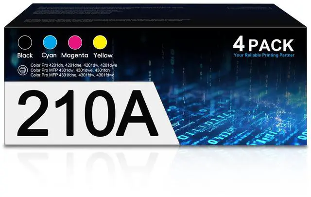 Main image of 210A Toner Cartridge 4-Pack (Black, Cyan, Magenta, Yellow) | Compatible for HP with Color LaserJet Pro 4201 & MFP 4301 Series Printers | W2100A W2101A W2102A W2103A Toner Combo Pack