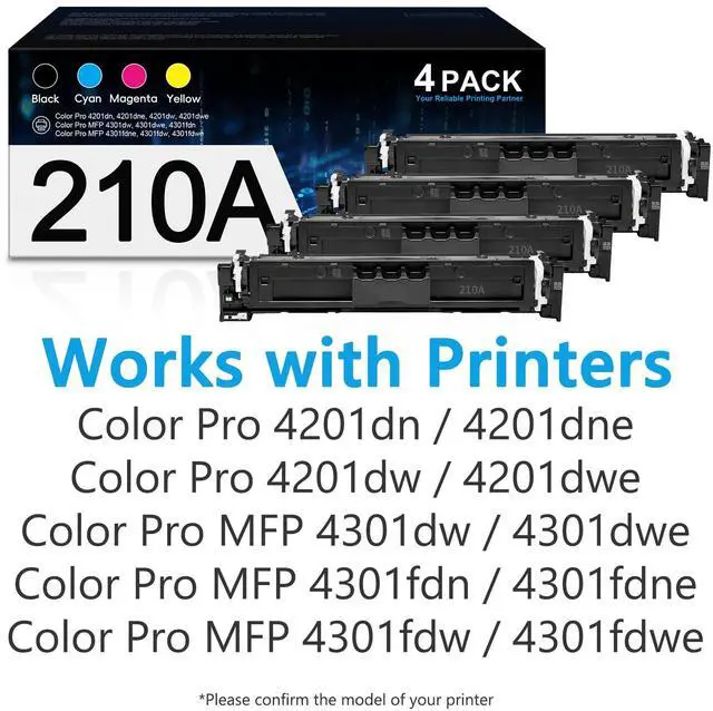 Alt view image 2 of 7 - 210A Toner Cartridge 4-Pack (Black, Cyan, Magenta, Yellow) | Compatible for HP with Color LaserJet Pro 4201 & MFP 4301 Series Printers | W2100A W2101A W2102A W2103A Toner Combo Pack