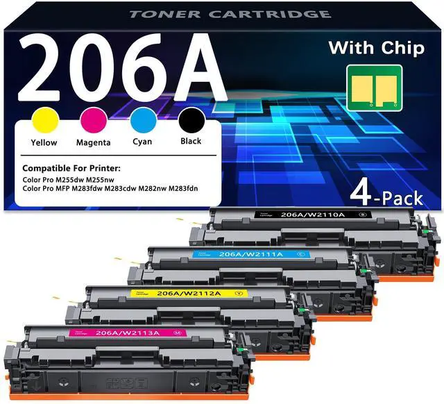 Main image of 206A Toner Cartridges 4 Pack High Yield Replacement for HP 206A Toner for Color Pro MFP M283fdw M282nw M283fdn Pro M255dw M255nw Printer | W2110A W2111A W2112A W2113A
