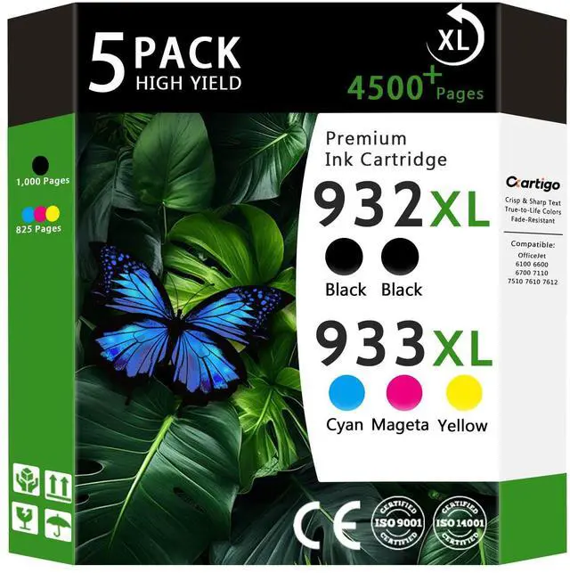Main image of 932XL 933XL High Yield Ink Cartridges Compatible for Combo Pack HP 932 933 Replacement for Officejet 6100 6600 6700 7110 7610 7612 Printers (Black/Cyan/Magenta/Yellow 5-Pack Non-OEM)