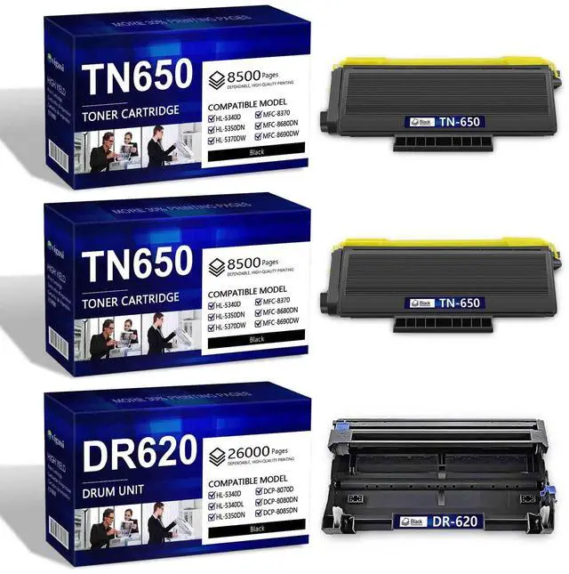 Main image of TN650 Toner Cartridge 2 Pack Black High Yield and DR620 Drum Unit Replacement for Brother TN-620 TN-650 Toner Compatible with HL-5370DW 5250DN 5340D 5240 MFC-8480DN 8860DN 8890DW Printer