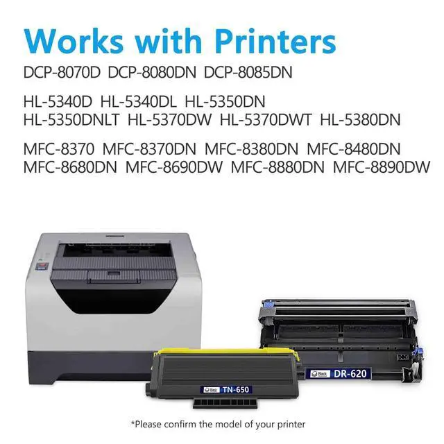 Alt view image 2 of 6 - TN650 Toner Cartridge 2 Pack Black High Yield and DR620 Drum Unit Replacement for Brother TN-620 TN-650 Toner Compatible with HL-5370DW 5250DN 5340D 5240 MFC-8480DN 8860DN 8890DW Printer