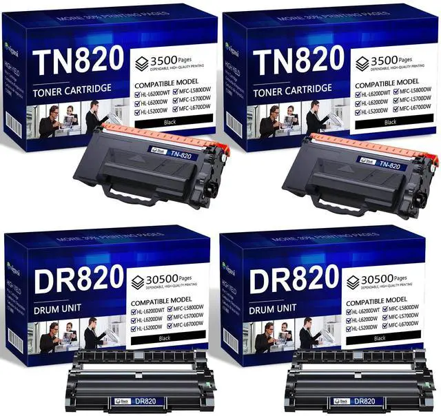 Main image of TN820 Toner Cartridge 2 Pack and DR820 Drum Unit 2 Pack Replacement for Brother TN-820 TN-850 for HL-L6200DW MFC-L5850DW MFC-L5900DW MFC-L5700DW HL-L5100DN Printer, 4-Pack