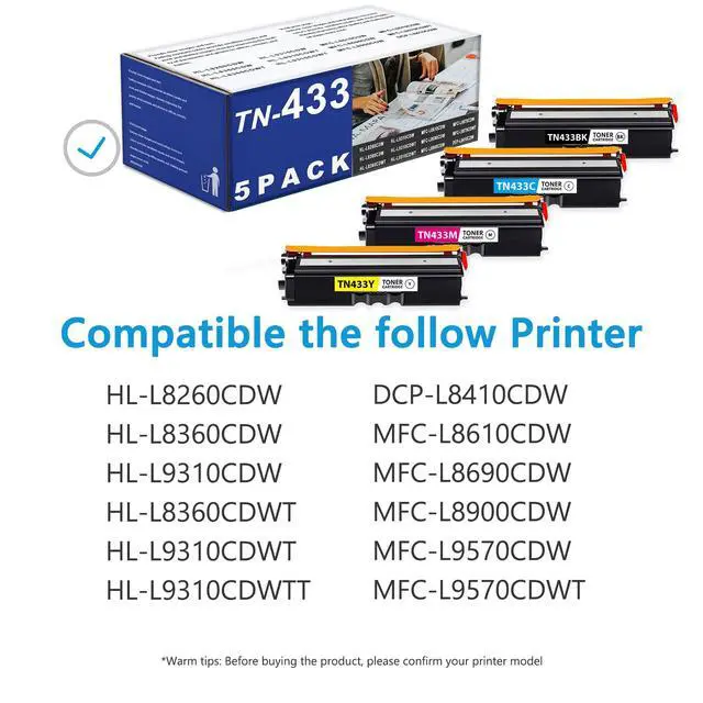 Alt view image 2 of 7 - TN433BK TN433C TN433M TN433Y Toner Cartridge Replacement for Brother MFC-L8900CDW MFC-L8690CDW HL-L8360CDW HL-L8260CDW MFC-L8610CDW Printer (5-Pack,2BK,1C,1M,1Y)