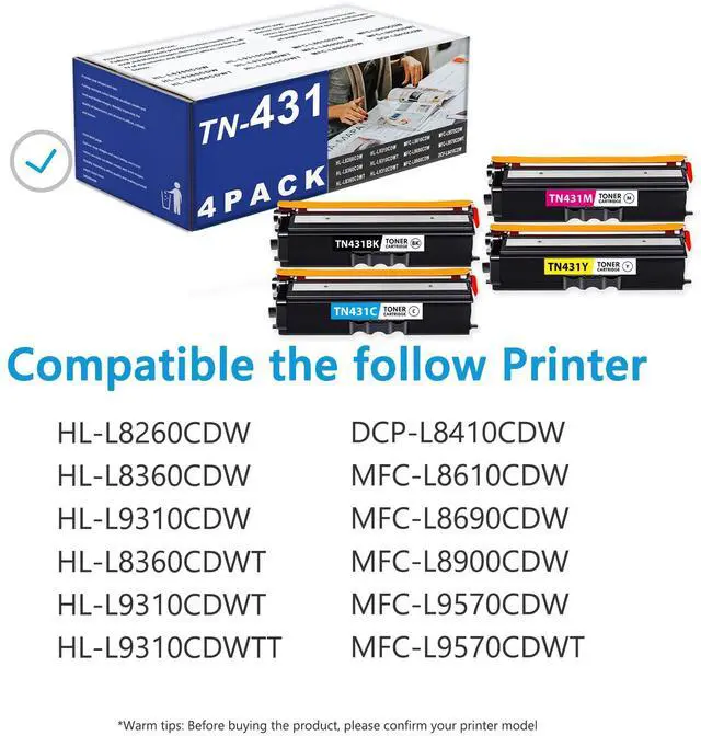 Alt view image 2 of 7 - 4-Color TN431BK, TN431C, TN431Y, TN431M Toner Cartridge Set, Wee Compatible Replacement for Brother TN-431 TN431 HL-L9310CDW HL-L8260CDW HL-L8360CDW MFC-L8610CDW Printer