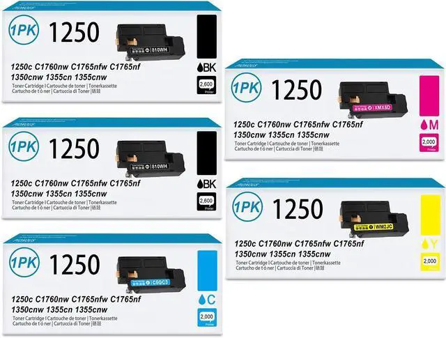 Main image of 5-Pack 1250 810WH C5GC3 XMX5D WM2JC (2BK/1C/1M/1Y) Toner Cartridge - PIONOS Compatible 1250c Toner Cartridge Replacement for DELL 1250c C1760nw C1765nfw C1765nf 1350cnw 1355cn 1355cnw Printer