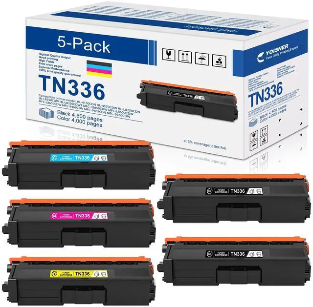Main image of TN336 High Yield Toner Cartridge: 5-Pack TN336BK, TN336C, TN336M, TN336Y Replacement for Brother TN-336 for HL-L8350CDW HL-4150CDN MFC-L8850CDW MFC-9970CDW MFC-L8600CDW Printer