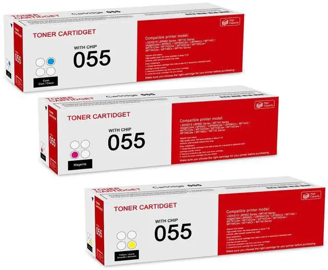 Main image of 3 Pack 055 C/M/Y Toner Cartridge: Compatible CRG-055 Replacement for Canon i-SENSYS LBP660 MF740 Series ImageClass LBP660C LBP664Cdw LBP664Cx MF740C MF741Cdw MF743Cdw MF746Cdw MF740 Series Printer