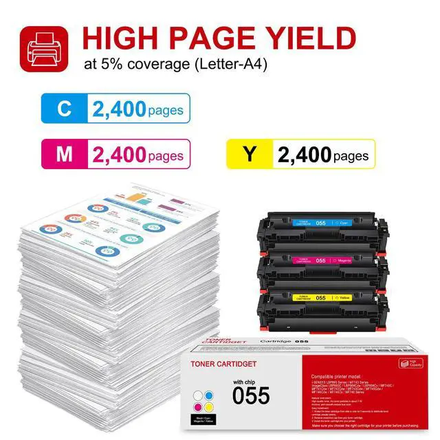 Alt view image 3 of 6 - 3 Pack 055 C/M/Y Toner Cartridge: Compatible CRG-055 Replacement for Canon i-SENSYS LBP660 MF740 Series ImageClass LBP660C LBP664Cdw LBP664Cx MF740C MF741Cdw MF743Cdw MF746Cdw MF740 Series Printer