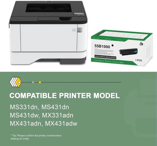 Alt view image 2 of 7 - 55B1000 Black Toner Cartridge(1-Pack) - Lvan Compatible 55B1000 High Yield Toner Cartridge Replacement for Lexmark MS331dn, MS431dn, MS431dw, MX331adn, MX431adn, MX431adw, MX432adwe Printer